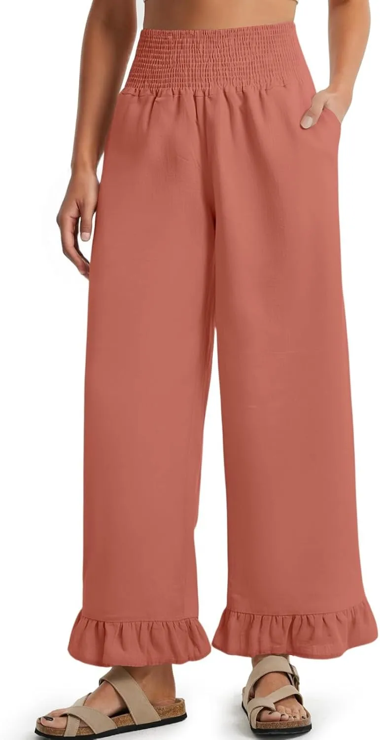 Wide Leg Linen Pants for Women High Waisted Ruffle Hem Palazzo Pants Boho Summer Casual Loose Flowy Pant Trousers