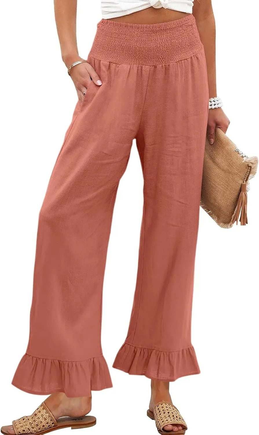 Wide Leg Linen Pants for Women High Waisted Ruffle Hem Palazzo Pants Boho Summer Casual Loose Flowy Pant Trousers