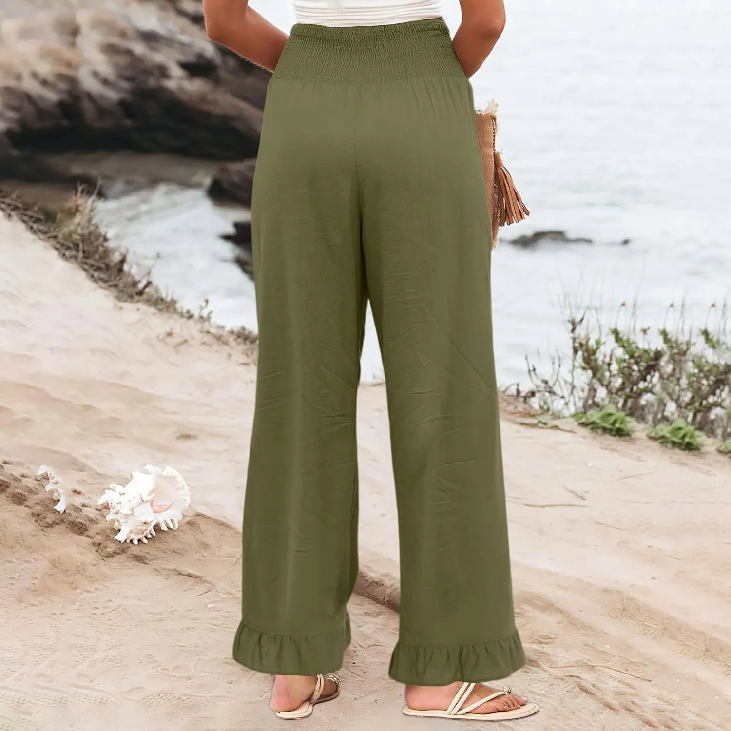 Wide Leg Linen Pants Women Smocked High Waisted Palazzo Pants Lightweight Baggy Boho Beach Lounge Trousers w/Pockets