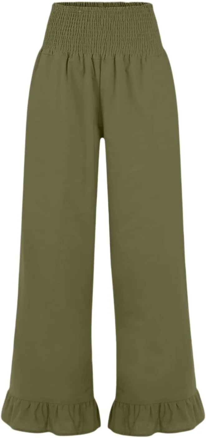 Wide Leg Linen Pants Women Smocked High Waisted Palazzo Pants Lightweight Baggy Boho Beach Lounge Trousers w/Pockets