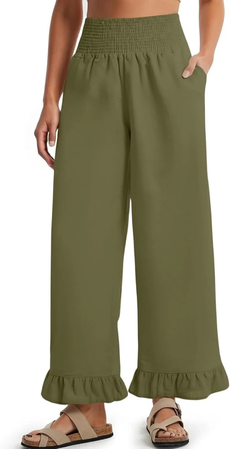 Wide Leg Linen Pants Women Smocked High Waisted Palazzo Pants Lightweight Baggy Boho Beach Lounge Trousers w/Pockets