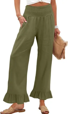 Wide Leg Linen Pants Women Smocked High Waisted Palazzo Pants Lightweight Baggy Boho Beach Lounge Trousers w/Pockets