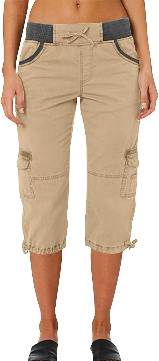 Womens Cargo Capris Summer Casual Drawstring Low Waisted Hiking Jogger Pants Lightweight Outdoor Cotton Capri Pants