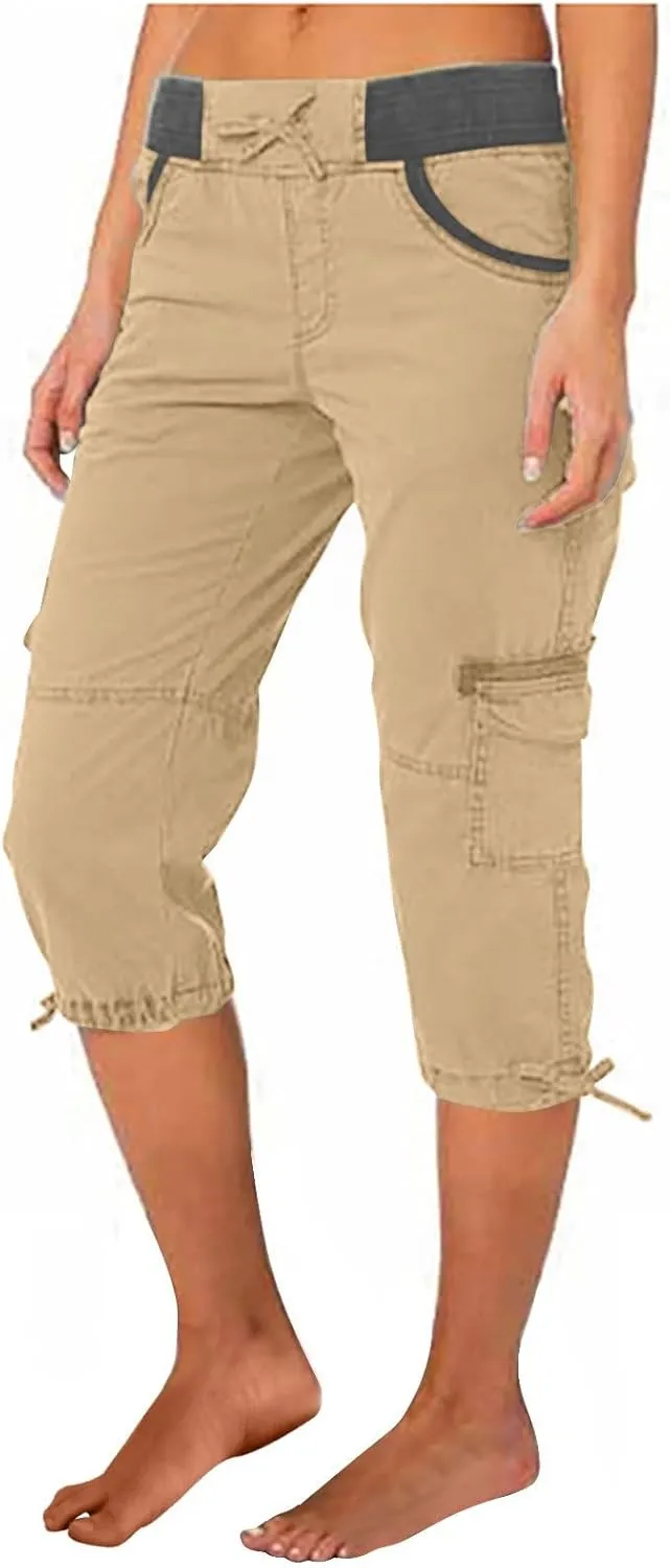 Womens Cargo Capris Summer Casual Drawstring Low Waisted Hiking Jogger Pants Lightweight Outdoor Cotton Capri Pants