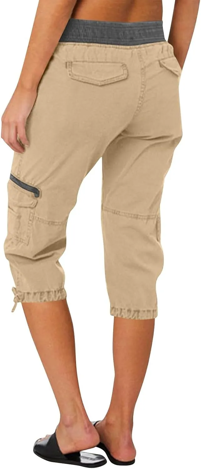 Womens Cargo Capris Summer Casual Drawstring Low Waisted Hiking Jogger Pants Lightweight Outdoor Cotton Capri Pants