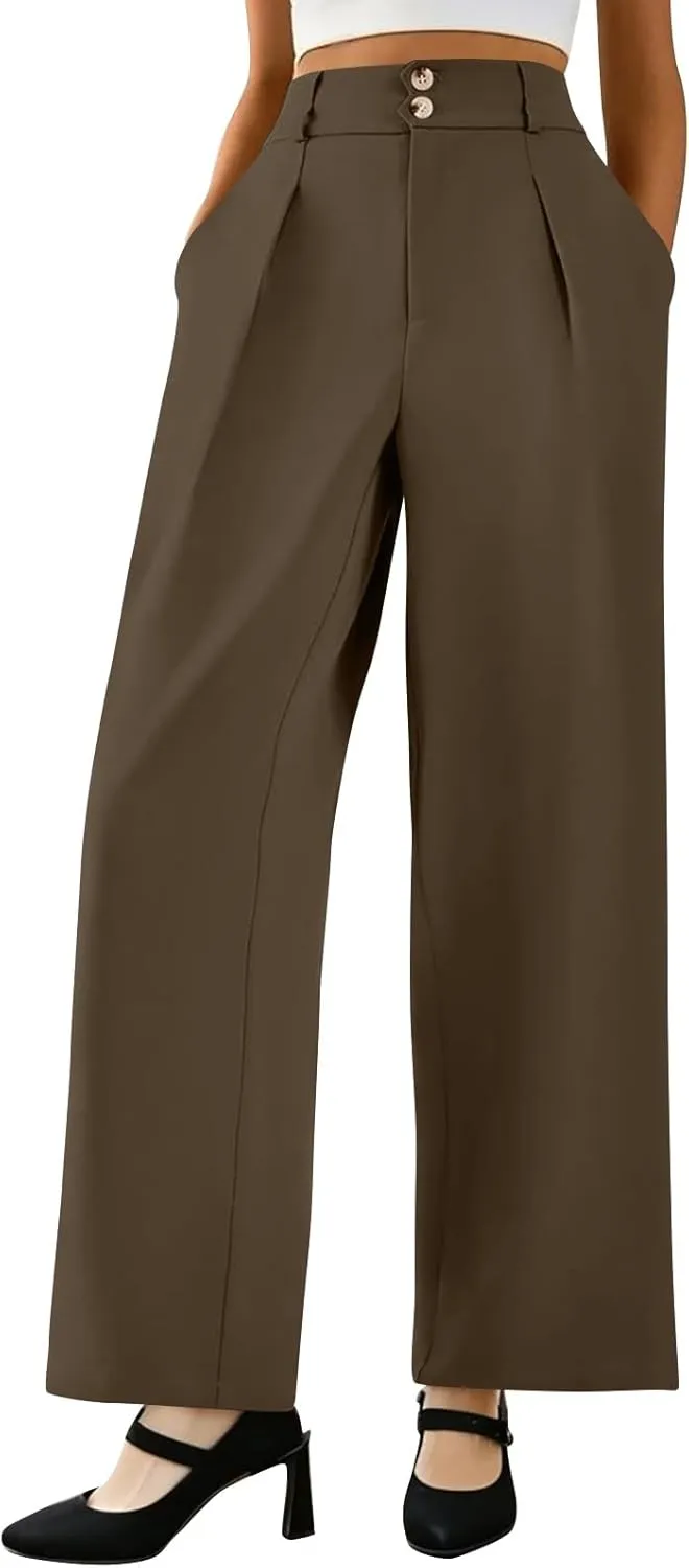Womens Wide Leg Dress Pants Stretchy Palazzo Pants Business High Elastic Waisted Button Long Trousers