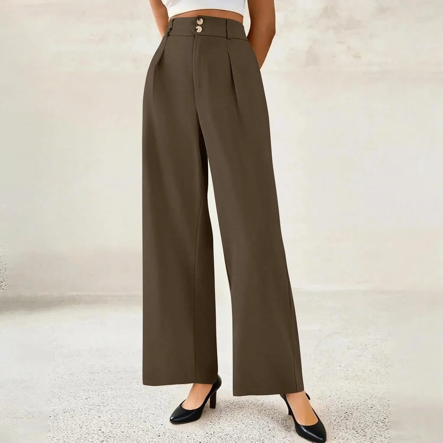 Womens Wide Leg Dress Pants Stretchy Palazzo Pants Business High Elastic Waisted Button Long Trousers