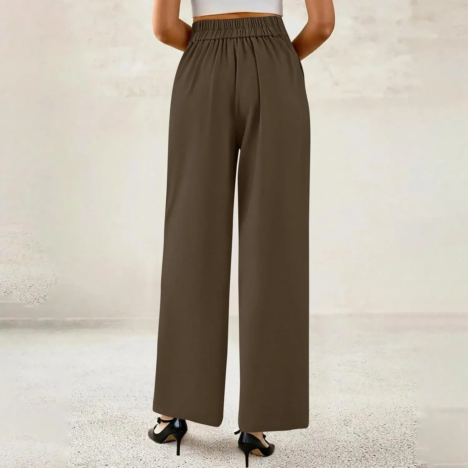 Womens Wide Leg Dress Pants Stretchy Palazzo Pants Business High Elastic Waisted Button Long Trousers