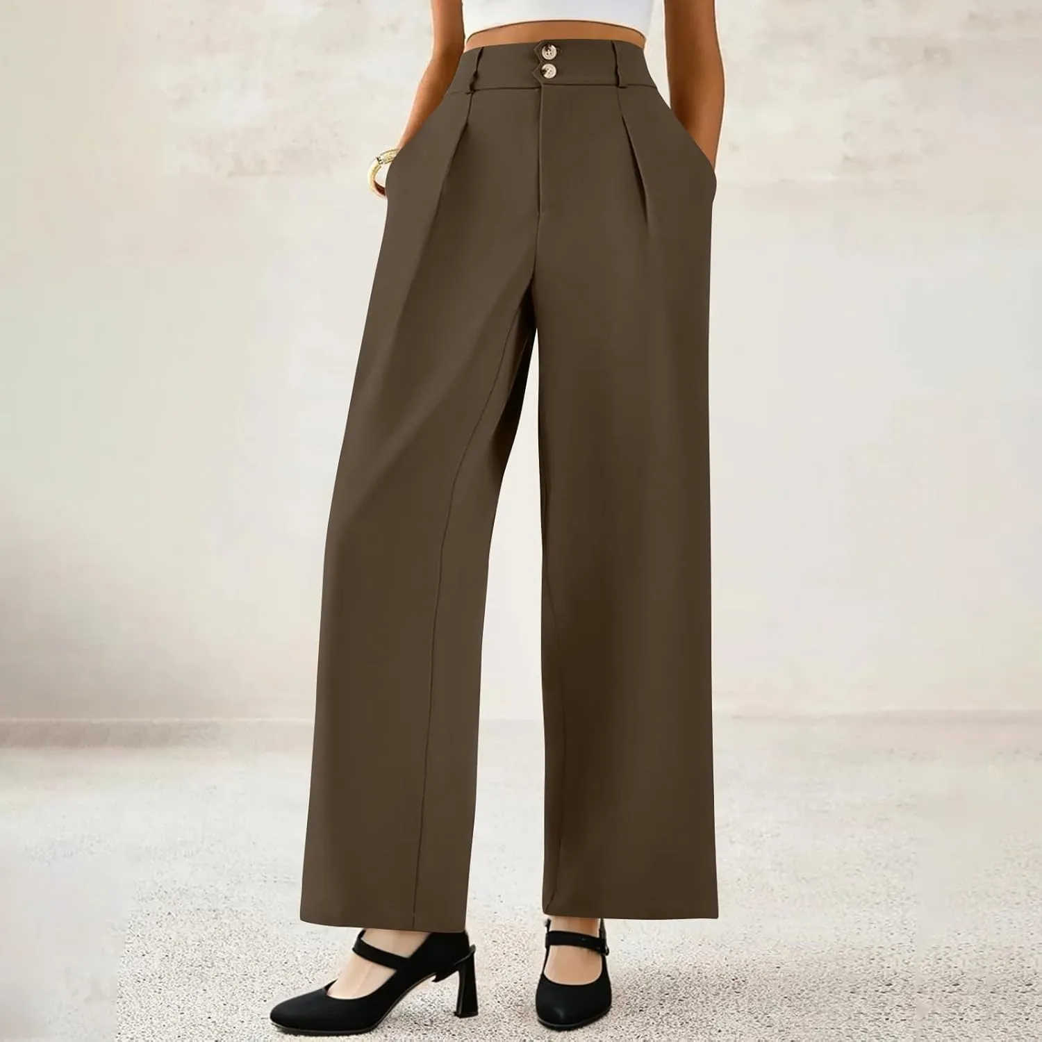 Womens Wide Leg Dress Pants Stretchy Palazzo Pants Business High Elastic Waisted Button Long Trousers