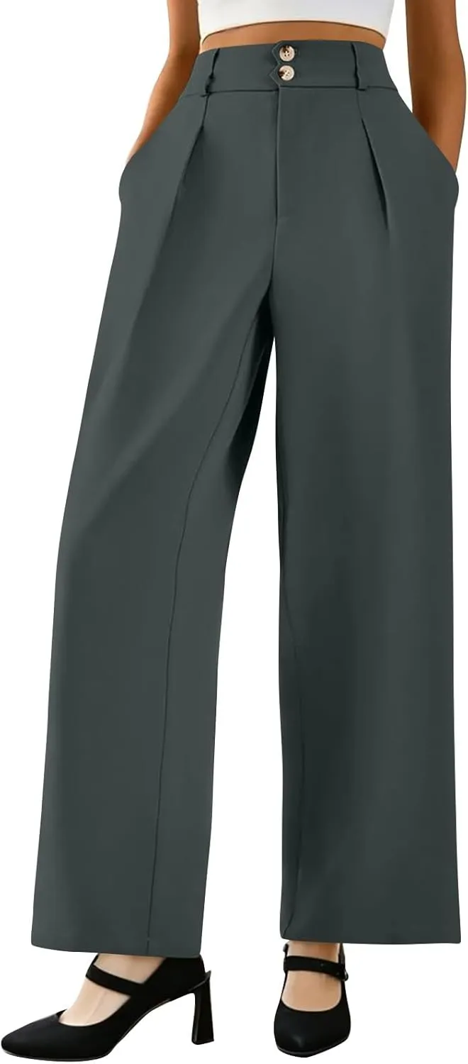 Womens Wide Leg Dress Pants Stretchy Palazzo Pants Business High Elastic Waisted Button Long Trousers