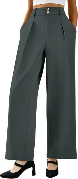 Womens Wide Leg Dress Pants Stretchy Palazzo Pants Business High Elastic Waisted Button Long Trousers