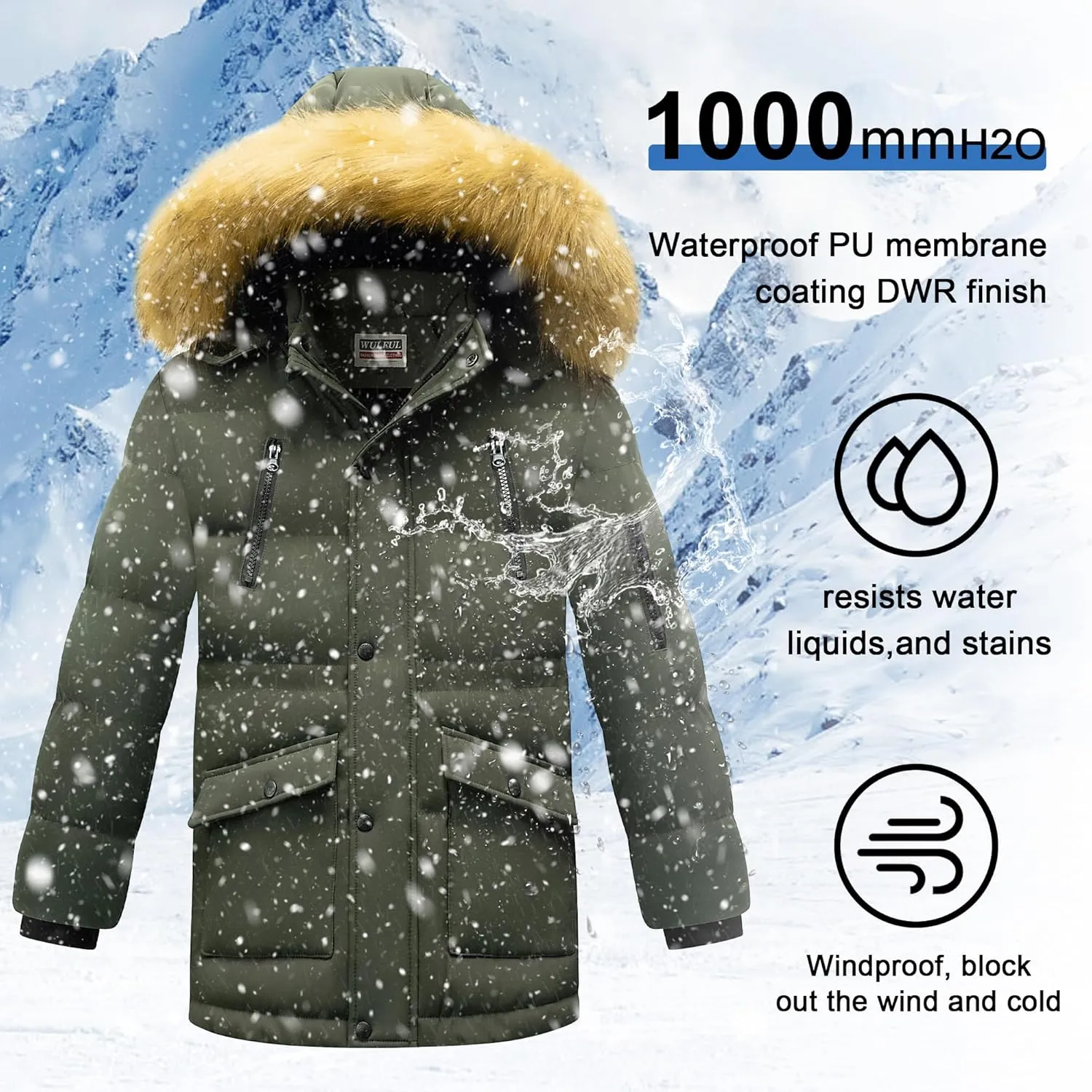 WULFUL Boy's Winter Coat Waterproof Fleece Lined Parka Jackets Kids Hooded Puffer Outerwear