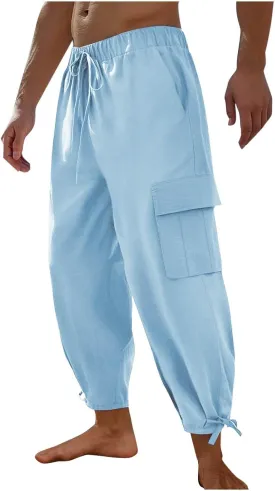 Xiaojmake Men's Linen Cargo Pants Joggers 2025 Solid Elastic Waist Harem Pant Casual Lightweight Loose Beach Summer Trousers