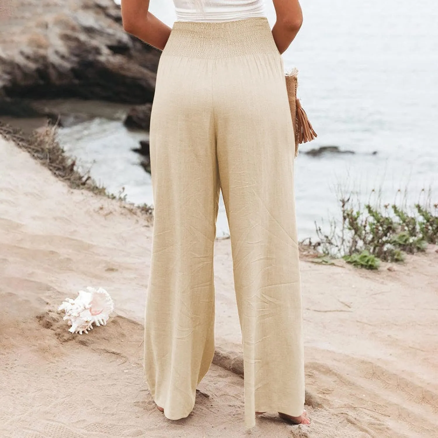 YUTANRAL Linen Pants for Women Summer High Waist Stretch Drawstring Wide Leg Pants Fashion Casual Palazzo Pants with Pockets