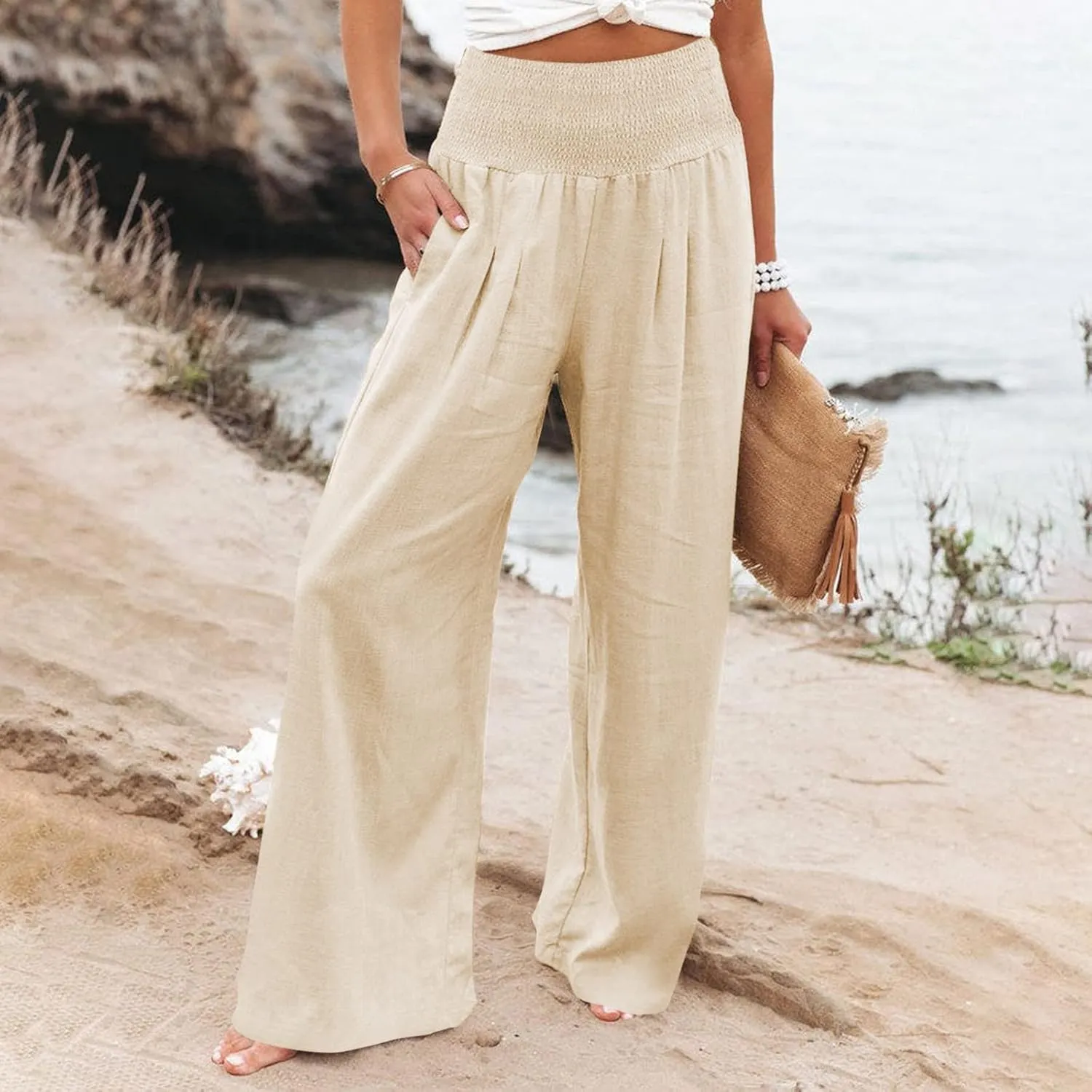 YUTANRAL Linen Pants for Women Summer High Waist Stretch Drawstring Wide Leg Pants Fashion Casual Palazzo Pants with Pockets