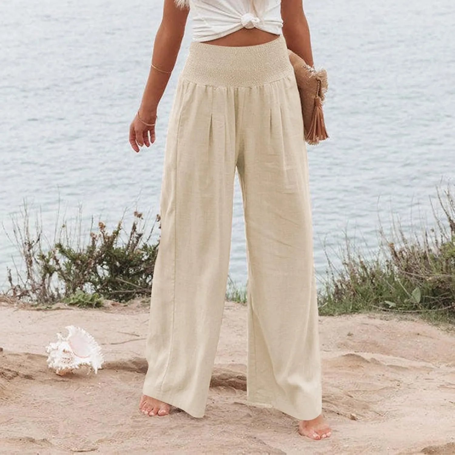 YUTANRAL Linen Pants for Women Summer High Waist Stretch Drawstring Wide Leg Pants Fashion Casual Palazzo Pants with Pockets