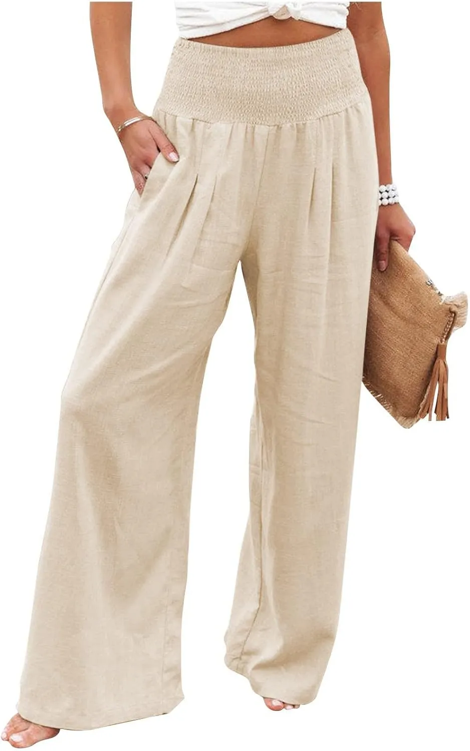 YUTANRAL Linen Pants for Women Summer High Waist Stretch Drawstring Wide Leg Pants Fashion Casual Palazzo Pants with Pockets