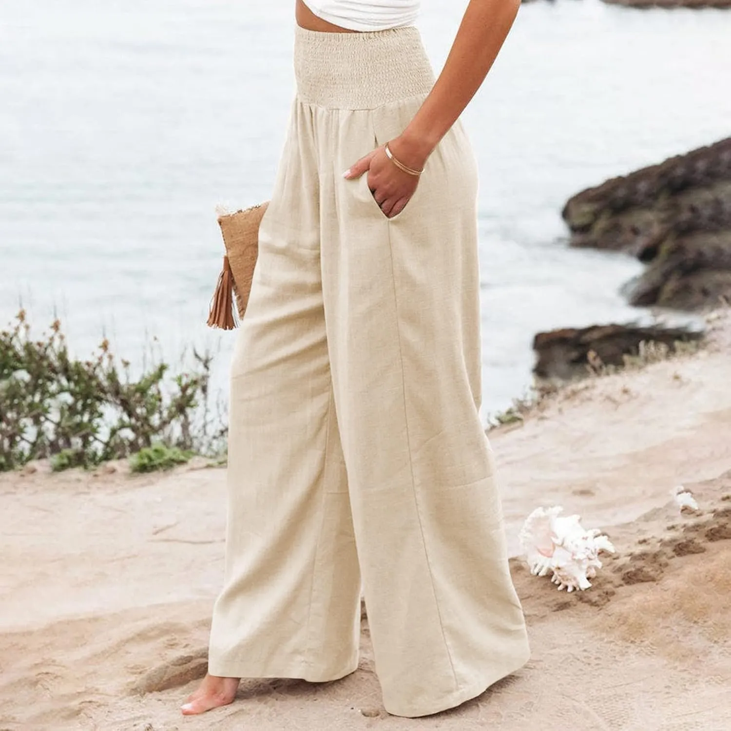 YUTANRAL Linen Pants for Women Summer High Waist Stretch Drawstring Wide Leg Pants Fashion Casual Palazzo Pants with Pockets