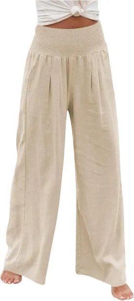 YUTANRAL Linen Pants for Women Summer High Waist Stretch Drawstring Wide Leg Pants Fashion Casual Palazzo Pants with Pockets